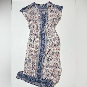Lucky Brand Blue and White Paisley Boho Maxi Dress w/ Side Slits & Pockets Sz M
